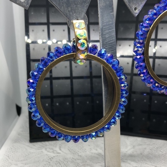 Big circular hoops dazzling blue glass crystal brass statement earrings-hefty. - Picture 6 of 6